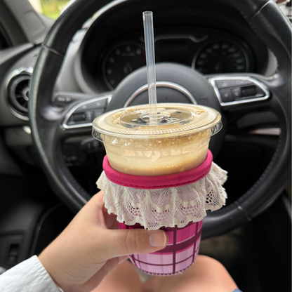 "Pink Plaid Lace" ICED COFFEE COOZIE