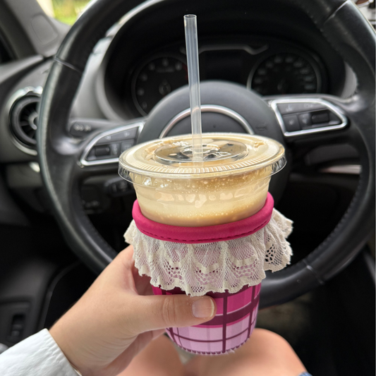 "Pink Plaid Lace" ICED COFFEE COOZIE